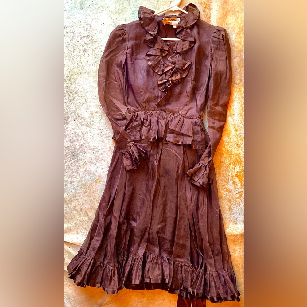 Vintage 100% Silk Ruffled Dress (1950s) Chocolate Colored